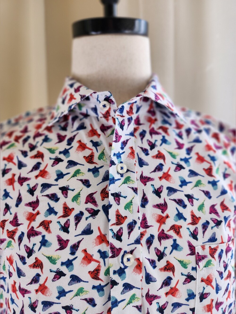 2XL Men's Tropical Hawaiian Bird Print Short-Sleeve Button-Up Cotton Shirt